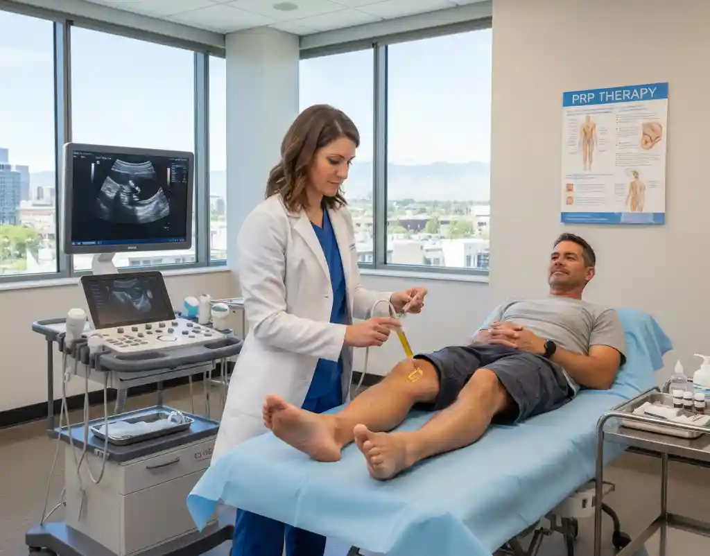 Patient receiving PRP therapy injection for joint pain as part of regenerative medicine treatment in Denver, Colorado